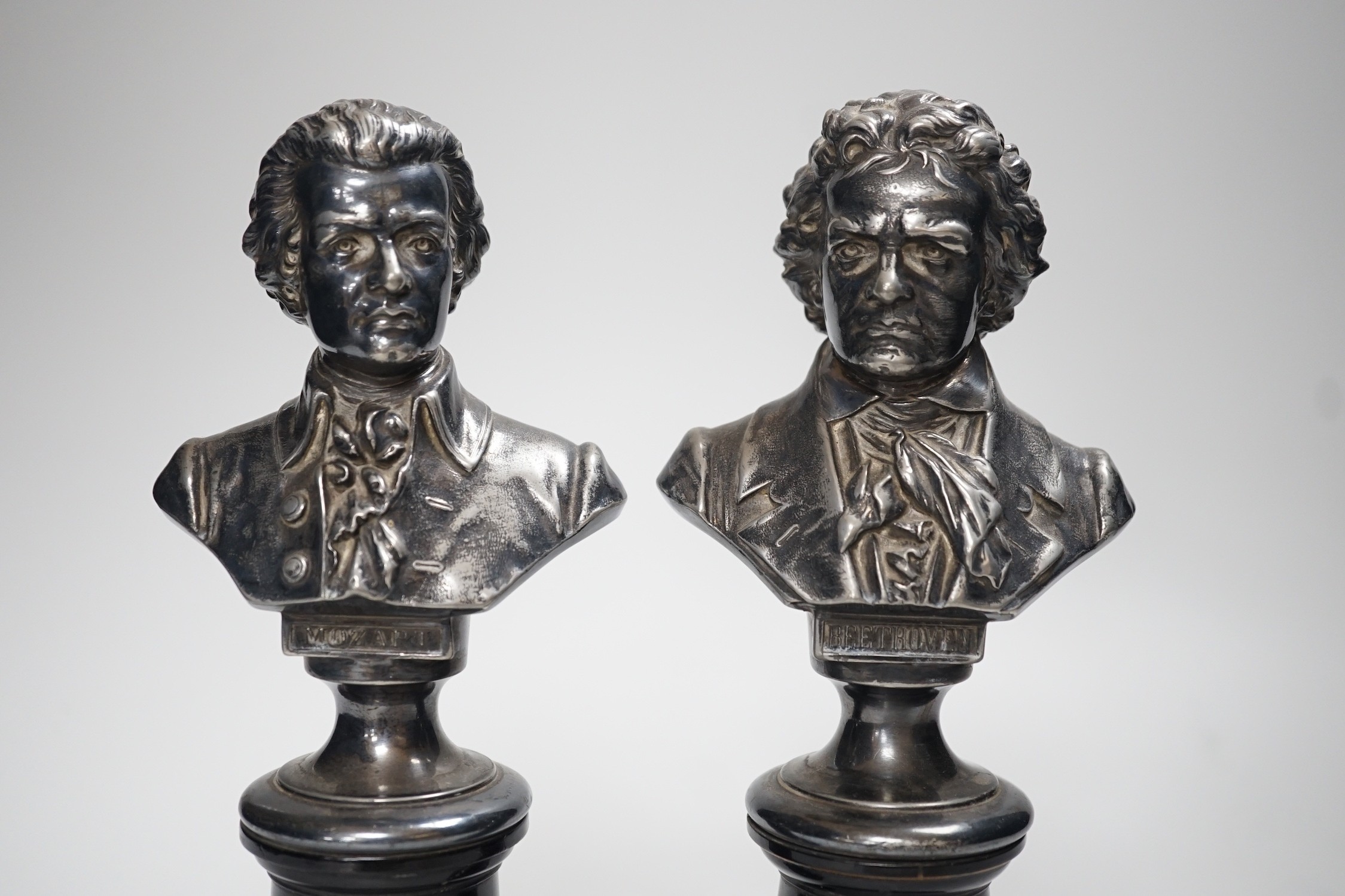 A pair of silver plated busts - Mozart and Beethoven, 23cm